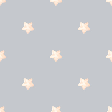 Watercolor hand-drawn seamless blue pattern with pink clouds and stars for kidsの写真素材