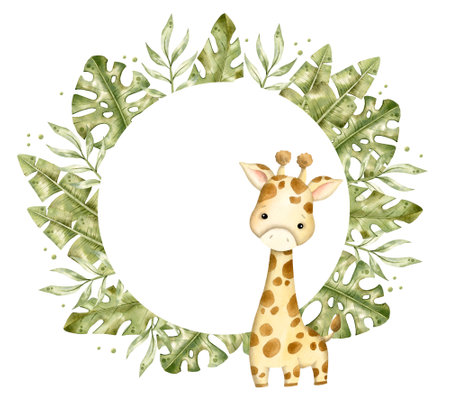Safari watercolor hand-drawn illustration, circle frame with baby giraffe and tropical leaves for kidsの写真素材