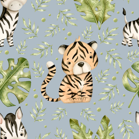 Safari watercolor hand-drawn seamless pattern with baby tiger, zebra and tropical leaves on blue backgroundの写真素材