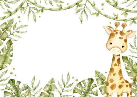 Safari watercolor hand-drawn illustration, frame with baby, giraffe and tropical leaves, creeper for kidsの写真素材