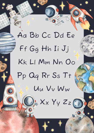 Space watercolor hand-drawn english alphabet with cute space elements. ABC galaxy vertical a4 poster for kidsの写真素材