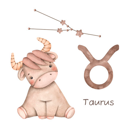 Zodiac watercolor hand-drawn set with baby taurus, constellation, symbols of taurus. Cute cartoon illustrations with bull for kids.の写真素材