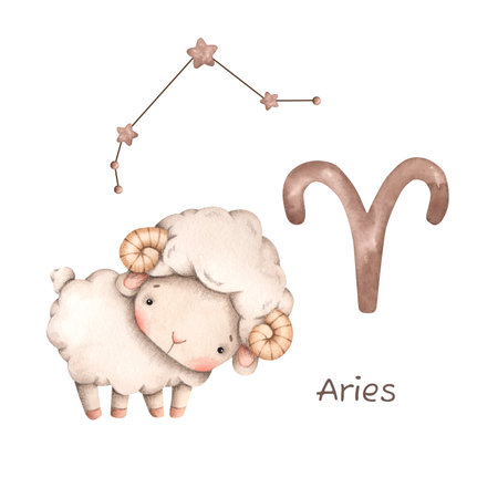 Zodiac watercolor hand-drawn set with baby aries, constellation, symbols of aries. Cute cartoon illustrations with sheep for kids.の写真素材