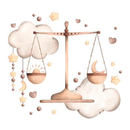 Zodiac watercolor hand-drawn illustration with libra on cloud with stars and moon. Cute scales for kids.の写真素材
