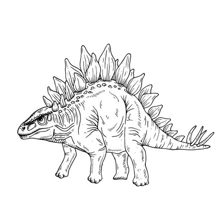Graphics vector black and white dinosaur. Black line illustration with stegosaurus in the ink style. Two versions - with and without fillingのイラスト素材