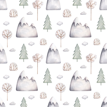 Watercolor hand-drawn seamless pattern with gray snowy mountains and winter tree. Cute cartoon print...