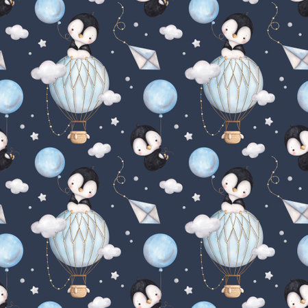 Penguins. Watercolor hand-drawn seamless pattern with cute baby penguins, hot air baloon, kite and clouds. Cute cartoon print for kids.の写真素材