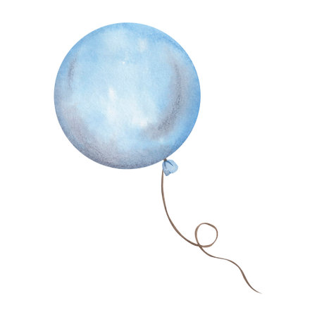 Watercolor hand-drawn illustration with blue baloon. Cute cartoon elements for kids.の写真素材