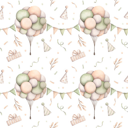 Dinosaurs Birthday Party. Watercolor hand-drawn seamless pattern with bunch of balloons in pastel colors, flags and confetti. Cute cartoon print for kids on white backgroundの写真素材