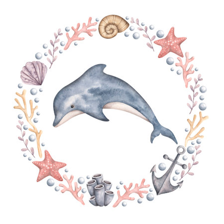 Under the sea. Watercolor hand-drawn illustration with dolphin in a round frame of corals, seaweed, shells, starfish, anchors and bubbles. Animals and plants of the underwater world. Sea-themed celebration. Cute cartoon elements for kids.の写真素材