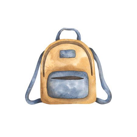 Back to school. Watercolor hand-drawn illustration with backpack. Cute school elements for kidsの写真素材