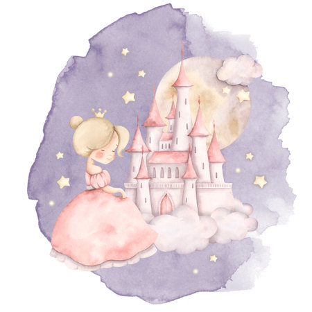 Pink dreams. Watercolor hand-drawn illustration with little princess, fairy castle in the clouds with full moon and stars. Fairytale illustration for baby girl. For design baby shower, birthday, girls's parties and nurses.の写真素材