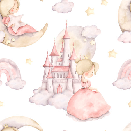 Pink dreams. Watercolor hand-drawn seamless pattern with princess on the moon, castle on the clouds, rainbow. Fairytale print for baby girl.の写真素材