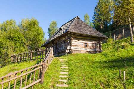 old wooden house in the Carpathian Mountains on a hillside in olruzhenii trees and grassのeditorial素材