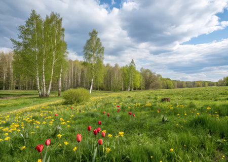 A breathtaking view of a vibrant meadow filled with wildflowers, set against a partly cloudy sky. The image conveys a sense of peace and natural beauty, perfect for calming visuals.の素材