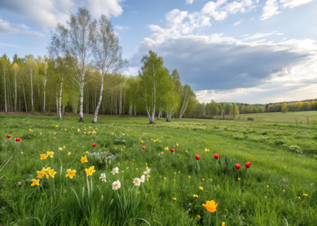 A captivating rural landscape showcases a vibrant wildflower field alongside a stately line of white birch trees, creating a peaceful and idyllic scene. The image evokes feelings of serenity and natural beauty.の素材