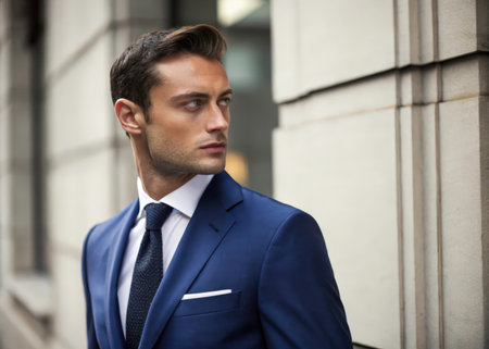 A professional man in a dark blue suit stands confidently against a blurred urban backdrop, conveying seriousness and competence. The soft lighting and focused composition create a sense of focus and authority.の素材