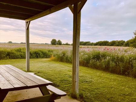 A picturesque gazebo stands amidst a lush grassy field, surrounded by vibrant flowering plants and a partially cloudy sky. This idyllic scene evokes feelings of peace and tranquility, perfect for promoting outdoor leisure.の素材