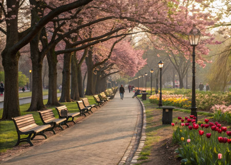 A tranquil park scene showcases a winding pathway lined with blossoming trees and colorful flowers, bathed in soft, natural light. It evokes a sense of peace and invites viewers to imagine a relaxing stroll.の素材