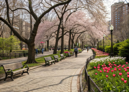 A peaceful park scene showcasing a brick pathway lined with blooming pink trees and wooden benches, evoking a sense of tranquility and urban green space. Perfect for promoting relaxation and community.の素材