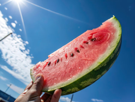 A vibrant close-up shot captures a ripe watermelon slice, bursting with color against a stunning blue sky dotted with fluffy white clouds. The image radiates freshness and summer vibes.の素材