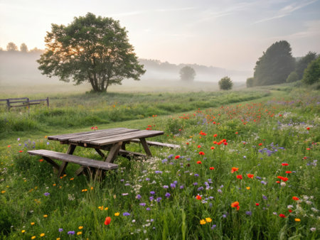 A weathered wooden picnic table sits invitingly in a vibrant wildflower meadow, captured in the soft light of a tranquil morning. The scene evokes a feeling of peace and connection with nature.の素材