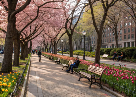 A tranquil urban park scene showcases blooming cherry blossoms and tulips alongside a paved pathway and inviting wooden benches. The image evokes a feeling of peace and harmony within the city.の素材