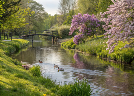 A serene image showcases a calm river winding through a vibrant green landscape, bordered by purple wildflowers and a wooden bridge. Three ducks swim peacefully, reflecting in the waterの素材