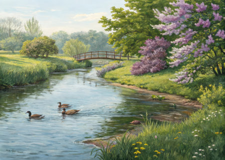 A serene painting showcases a calm river landscape with a wooden bridge, vibrant purple and yellow flowers, and swimming ducks, evoking feelings of peace and harmony with nature.の素材