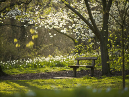 A beautiful, serene park scene featuring a wooden bench nestled beneath the canopy of a large, leafy tree. The dappled sunlight creates a peaceful atmosphere, perfect for images of relaxation and nature.の素材