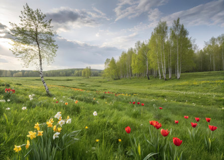 A stunning landscape photograph showing a vibrant spring meadow filled with colorful wildflowers and a majestic birch tree, evoking feelings of peace and natural beauty. Perfect for a range of applications.の素材
