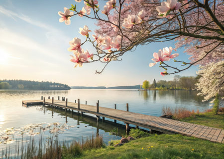 A tranquil lakeside scene unfolds with a wooden pier reflecting a clear blue sky and scattered clouds. A majestic magnolia tree with pink blossoms dominates the left side, creating a romantic and peaceful atmosphere.の素材