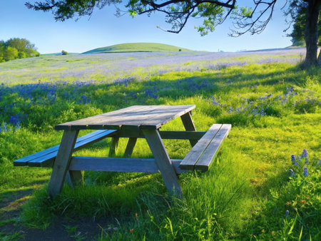 A picturesque outdoor scene showcases a wooden picnic table amidst a lush green field dotted with bright blue flowers under a clear, sunny sky. Rolling hills form a beautiful backdrop, creating a tranquil and inviting atmosphere.の素材