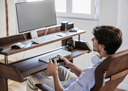A person is deeply engrossed in a gaming activity within a stylish, contemporary home office setting, showcasing a modern desk and focused concentration.の素材