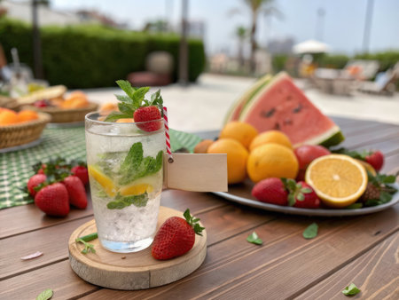 A vibrant image showcasing a chilled beverage with ice, mint, and strawberries, presented alongside a rustic wooden table and fresh fruit. Evokes a feeling of summer refreshment and healthy indulgence.の素材