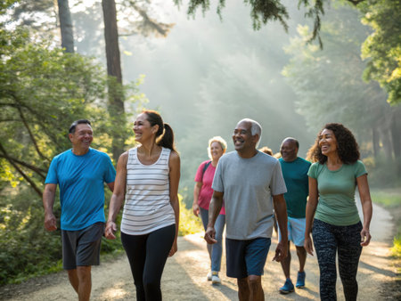 A group of five smiling individuals enjoys a leisurely walk through a vibrant forest, bathed in warm sunlight. The scene evokes feelings of friendship, health, and connection with nature.の素材