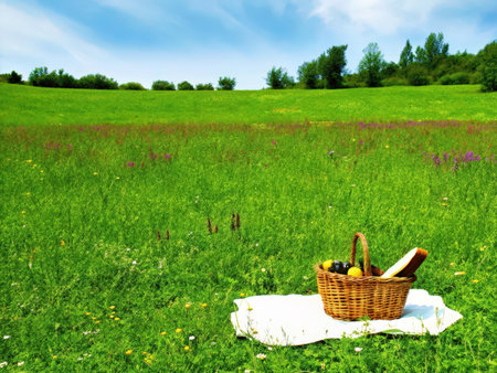 A beautiful, inviting image of a rustic picnic scene set in a lush green field, showcasing fresh fruits and a peaceful outdoor moment.の素材