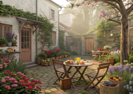A charming outdoor dining area in a picturesque European village setting. The scene features a wooden table laden with fruit, surrounded by vibrant flowers and bathed in warm, natural light, creating a peaceful and inviting atmosphere.の素材