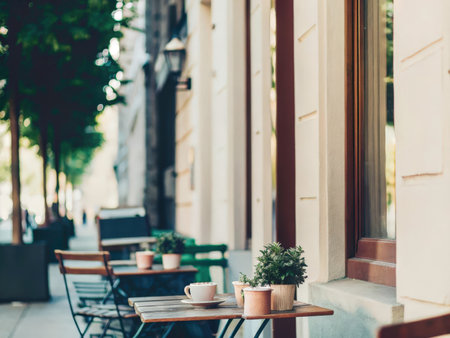 A sun-drenched outdoor cafe scene in a European city, showcasing a relaxed atmosphere and inviting dining. The image features a wooden table, drinks, and potted plants.の素材