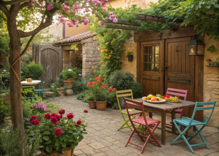 A beautifully arranged wooden table in a rustic garden setting, complete with colorful chairs, fruit, and flowers, evokes a sense of peace and relaxation. This image captures the essence of outdoor tranquility and invites viewers to imagine a serene escape.の素材