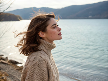 A young woman stands thoughtfully by a calm lake, mountains forming a majestic backdrop. Her contemplative expression and simple beige sweater evoke a sense of peace and connection with nature.の素材