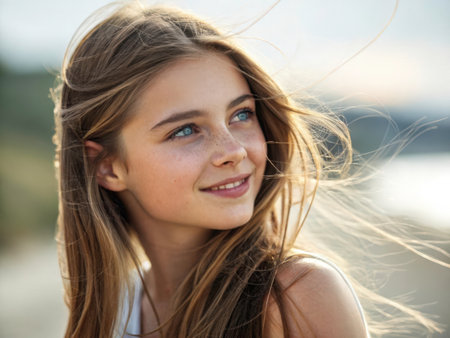 A young girl with long, wavy brown hair and striking blue eyes exudes a cheerful and relaxed vibe. The soft, natural lighting and blurred background create a peaceful and inviting scene.の素材