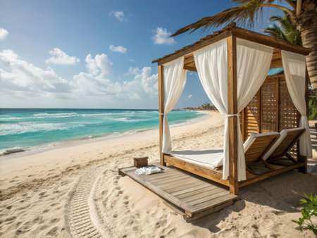 A tranquil beach scene showcases a wooden pergola offering shade and comfort, inviting relaxation by the clear blue ocean and gentle waves.の素材