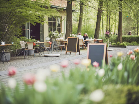 An inviting outdoor cafe scene unfolds amidst vibrant pink and white tulips in a charming park setting. The image evokes relaxation and a peaceful atmosphere, perfect for lifestyle or travel content.の素材
