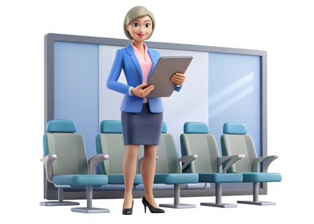 A poised 3D animated woman in professional attire stands in a modern airport terminal, holding a clipboard, ready for duty or travel. The scene evokes a sense of calm and efficiency within a transit setting.の素材