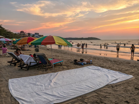A beautiful photograph depicting a tranquil beach scene at sunset, showcasing warm colors reflecting in the calm sea and people enjoying leisure activities. It evokes a sense of peace and relaxation.の素材