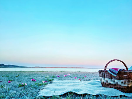 A peaceful outdoor scene showcases a woven basket with a striped cloth, set amidst a frosted grassy field and distant hills during a serene winter morning. The image evokes feelings of calm and tranquility.の素材
