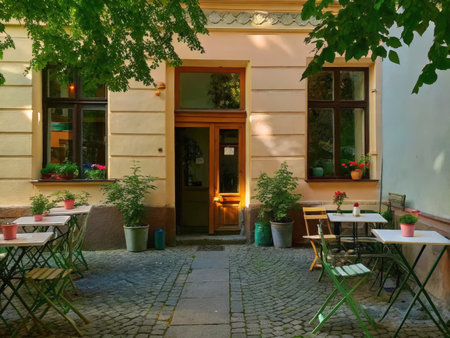 An inviting outdoor cafe scene featuring rustic stone paving, green metal chairs, and potted plants, creating a tranquil and relaxing atmosphere. The classic architecture and natural light evoke a sense of calm and leisure.の素材