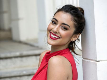 A beautiful young woman in a striking red dress exudes happiness and confidence. The photograph captures a moment of elegance and vibrancy, suitable for diverse creative applications.の素材