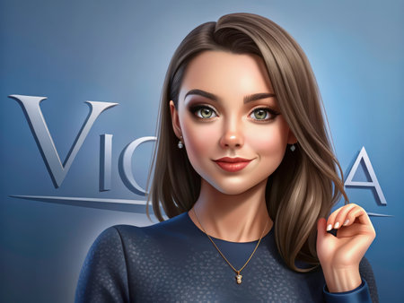 A beautiful digital illustration depicts a smiling young woman with long brown hair and striking green eyes. The image showcases a calm and approachable aesthetic, enhanced by a blue gradient background and a prominent stylized "V" element.の素材